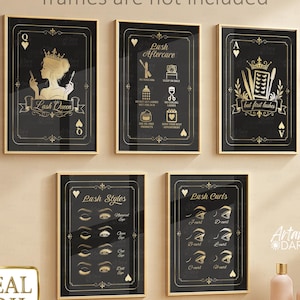 May include: Five black and gold wall art prints featuring lash-themed playing card designs. The prints display text including Lash Queen, Lash Aftercare, but first lashes, Lash Styles, and Lash Curls with various eye illustrations and icons.