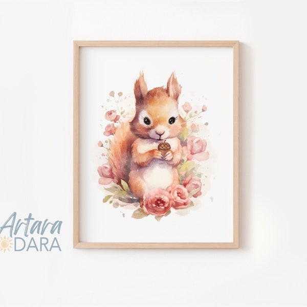 Baby Squirrel Poster, Little Squirrel Floral Print, Forest Animal Art, Boho Kids Poster, Watercolour Squirrel, Nursery Poster, Newborn Gift