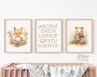 Forest Animals Poster Boho Alphabet Print Little Fox Reeding Book Watercolour Wall Art Educational Poster Little Bear Print Kids Room Poster