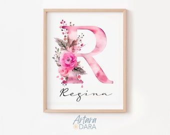 Trendy Pink Letter Art, Custom Name Poster, Watercolor Letter, Name Wall Art, Girls Room Decor, Pink Name Wall Art, Floral Letter Print