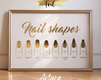 Nails Salon Decor, Nail Guide Poster, Real Foil Print, Nail Shapes Print, Beauty Salon Decor, Nails Artist Gift, Gold Nails Poster