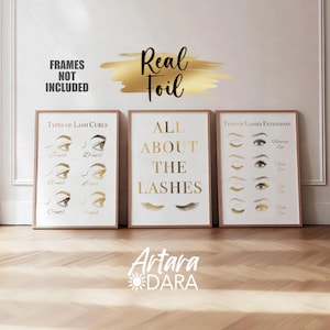 Op de afbeelding: Drie gouden ingelijste prints met informatie over wimpers. De middelste print staat "All About The Lashes" met een paar wimpers eronder. De linker print toont verschillende wimperkrulletjes en de rechter print toont verschillende wimperverlengingen.
