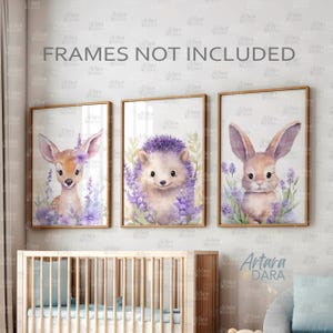 Baby Lavendel Poster, Waldtiere Kunst, Lavendel Kinderzimmer Dekor, Baby Tiere Druck, Lila Kindergarten Druck, Baby Häschen Kunst, Baby Igel