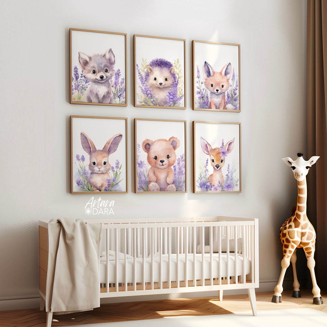 Lavender Nursery Art, Forest Animal Poster, Baby Animals Print, Purple ...