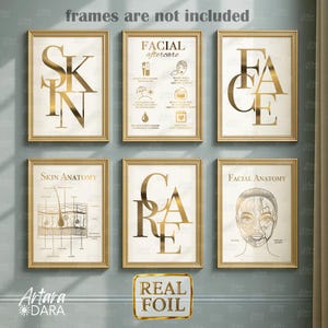 6 Gold Foil Posters – Skin Anatomy, Facial Anatomy, Facial Aftercare & Minimalist Skin Care Face Prints – Beauty Clinic Decor