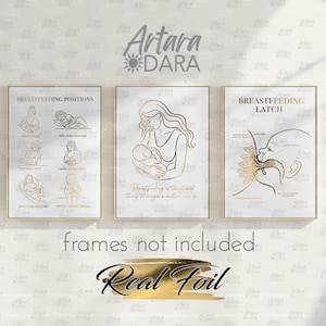 3 Gold Foil Posters – Breastfeeding Latch, Nursing Poses & Inspirational Quote – Lactation Consultant and Maternity Wall Art