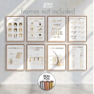 Op de afbeelding: Een set van acht ingelijste kunstafdrukken met gouden en witte afbeeldingen over haarverzorging en haartypes. De prints bevatten diagrammen en tekst zoals "Ludwig-Savin Scale" en "Hair Anatomy". De zin "frames not included" staat bovenaan.