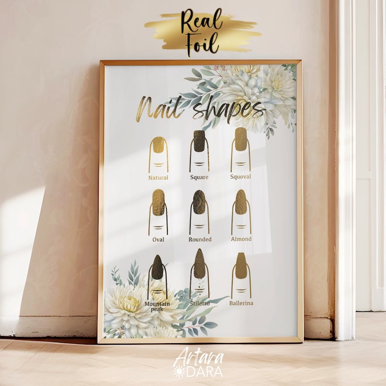 Nails Salon Decor, Real Foil Print, Floral Nails Poster, Nails Shapes