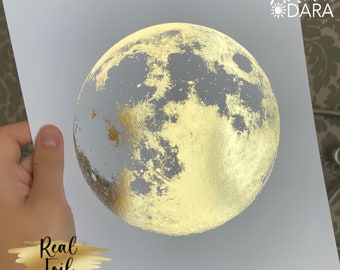 Golden Moon Art, Real Foil Print, Lunar Poster, Full Moon Poster, La Luna Art, Gold Home Decor, Bedroom Poster, Birthday Gift, Trendy Poster