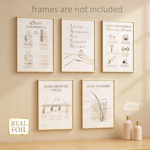Laser Salon Decor, Laser Hair Removal, Laser Aftercare, Real Foil Print, Hair Anatomy, Hair Growth  Cycle, Laser Tech Decor, Medspa Poster
