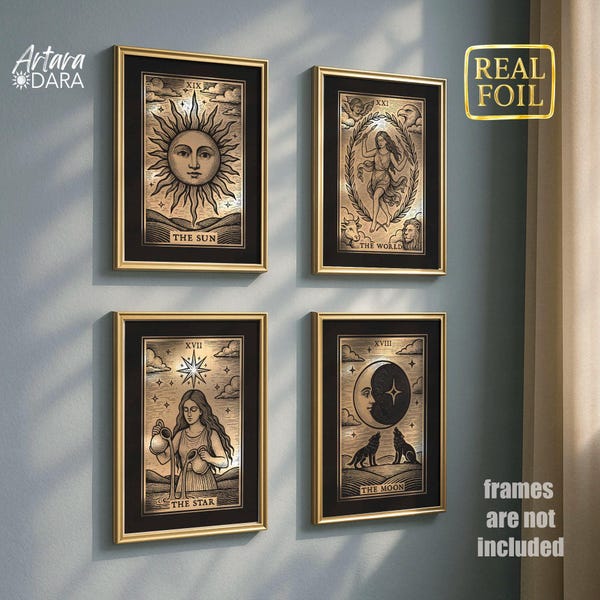 Gold Foil Tarot Card Print Set | Mystical Celestial Wall Art