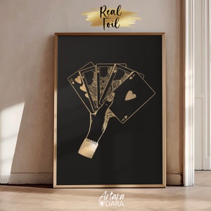 Flash Royal Art, echte foliedruk, gouden speelkaarten, gouden trendy poster, gouden hartaas, verjaardagscadeau, kantoordecor, casinodecor