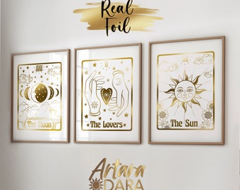 Gold Foil Tarot Card Print Set, Sun, Moon, Lovers, Golden Home Decor