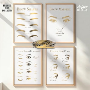 Könnte beinhalten: Vier goldfarbene, druckbare Poster mit Informationen über Augenbrauenformen, Augenbrauen-Mapping, Wimpernverlängerungen und Wimpernlocken. Die Poster haben einen weißen Hintergrund und goldenen Text. Der Text auf den Postern lautet "Augenbrauenformen", "Augenbrauen-Mapping", "Arten von Wimpernverlängerungen" und "Arten von Wimpernlocken".