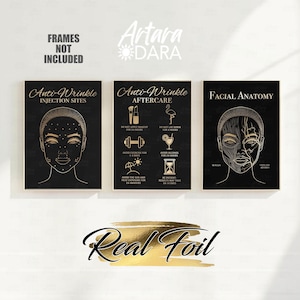 Puede incluir: Tres láminas de arte en negro y dorado con información sobre tratamientos antiarrugas y anatomía facial. Las láminas incluyen los textos "Anti-Wrinkle Injection Sites", "Anti-Wrinkle Aftercare" y "Facial Anatomy". También se ven las palabras "Real Foil".