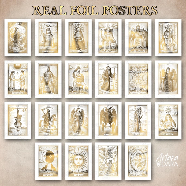 May include: A collection of gold foil tarot card posters, each framed in white. The cards feature detailed illustrations of figures and symbols, with titles like "The Moon" and "The Sun". The text "REAL FOIL POSTERS" is at the top.