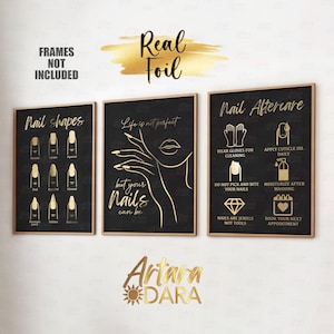 Decoração de salão de manicure, impressão de folha real, arte em formas de unhas, conselhos sobre cuidados com as unhas, decoração de salão de unhas, citações sobre unhas, decoração de salão de beleza, guia de unhas