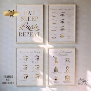 May include: Four printable posters with gold foil text and illustrations on a pink background. The posters are for lash extensions and include information about lash types, curls, and aftercare. The text on the posters includes "Eat Sleep Lash Repeat", "Types of Lashes Extensions", "Types of Lash Curls", and "Lash Extensions Aftercare".