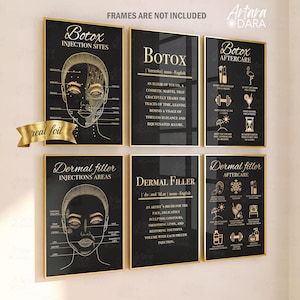 Könnte beinhalten: Ein Set aus sechs schwarzen und goldenen Wandbildern mit Botox- und Dermal-Filler-Injektionsstellen, Definitionen und Nachsorgehinweisen. Die Designs zeigen Strichzeichnungen von Gesichtern und goldene Symbole für die Nachsorge.