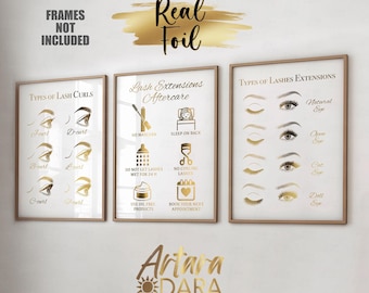 May include: Three framed art prints with gold foil text and illustrations about lash extensions. The prints are titled "Types of Lash Curls", "Lash Extensions Aftercare", and "Types of Lashes Extensions". The bottom right corner has the logo "Ariara Dara".
