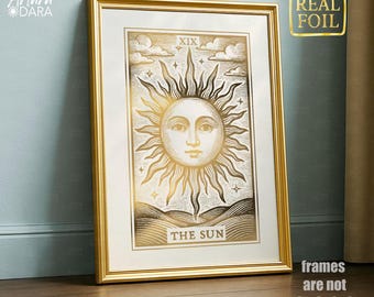 Gold Foil Tarot Print – The Sun, Mystical Celestial Wall Art