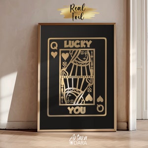 Affiche de la chance, oeuvre d'art reine de coeur, impression sur feuille véritable, art mural tendance, affiche de cartes à jouer, décoration d'intérieur dorée, porte-bonheur doré, cadeau d'anniversaire
