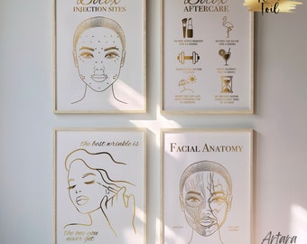 4 Botox Posters, Beauty Salon Decor, Real Foil Print, Botox Aftercare Art, Botox Injections Area, Facial Anatomy Art, Botox Quotes