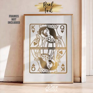 Arte murale alla moda, arte della regina e del re, stampa a lamina vera, regalo di anniversario, arte delle carte da gioco, arte della regina di cuori, stampa del re di cuori