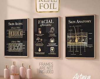 Foil Print, Skin Aging and Anatomy, Facial Aftercare, Med Spa Decor (Set of 3 , unframed)