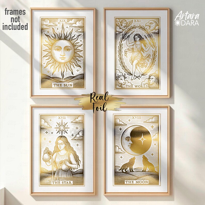 May include: Four framed tarot card prints with gold foil accents. The cards feature illustrations of the Sun, World, Star, and Moon. Each print has a white border and a wooden frame. The text "Real Foil" is also visible.
