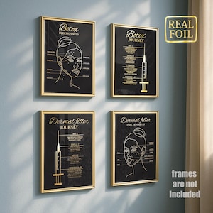 Botox and Filler Posters aftercare and injection areas, Medspa Wall Art, Gold Foil Print  (Set of 4)