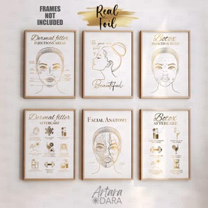 Arte com injeção de beleza, pôster de Botox, arte com preenchimento dérmico, impressão em folha de alumínio, citações sobre beleza, cuidados posteriores com Botox, cuidados posteriores com preenchimento, arte com anatomia facial