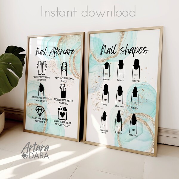 Teal Nails Poster, Nails Aftercare Art, Nail Shape Print, Nails Salon Decor, Manicure Poster, Manicurist Gift, Nail Tech Poster, Beauty Art