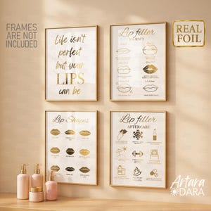 Pósteres de relleno de labios (juego de 4): lámina dorada, cuidado posterior, formas de labios y recorrido (sin marco)