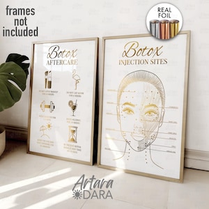 May include: Two framed art prints with gold foil text and illustrations. One print details Botox aftercare instructions, the other shows Botox injection sites on a face. The prints are in gold and black, with the text "Botox" at the top.