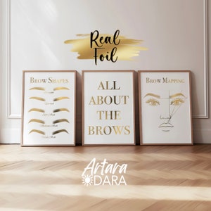 3 Eyebrows Posters, Real Foil Print, Brow Salon Decor, Makeup Wall Art, Brow Shapes Posters, Brow Mapping Art, Brow Tech Poster, Beauty Art