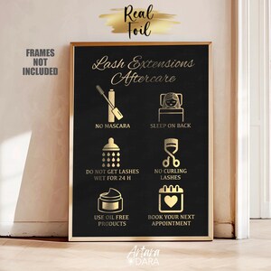 May include: Black and gold printable poster with lash extension aftercare tips. The poster includes icons for no mascara, sleeping on your back, not getting lashes wet for 24 hours, no curling lashes, using oil-free products, and booking your next appointment.