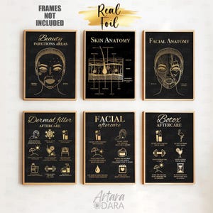 Aesthetic Clinic Posters Set of 6, Facial Skin Anatomy Botox Dermal Filler Aftercare, Beauty Injection Charts, Real Gold Foil (unframed)