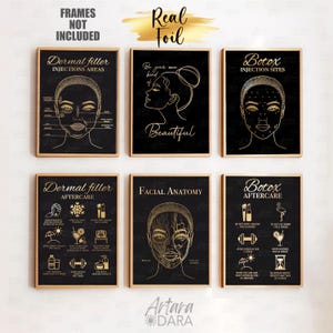 Arte de inyección de belleza, cuidados posteriores a la aplicación de bótox, cuidados posteriores a la aplicación de relleno, impresión con papel de aluminio real, póster de spa médico, anatomía facial, decoración de clínicas de belleza, citas sobre belleza