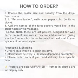 May include: Text on a white background reads "HOW TO ORDER?" followed by instructions for ordering art posters. The instructions include choosing size and quantity, specifying paper color, and adding poster names. The text also notes the posters are unframed.