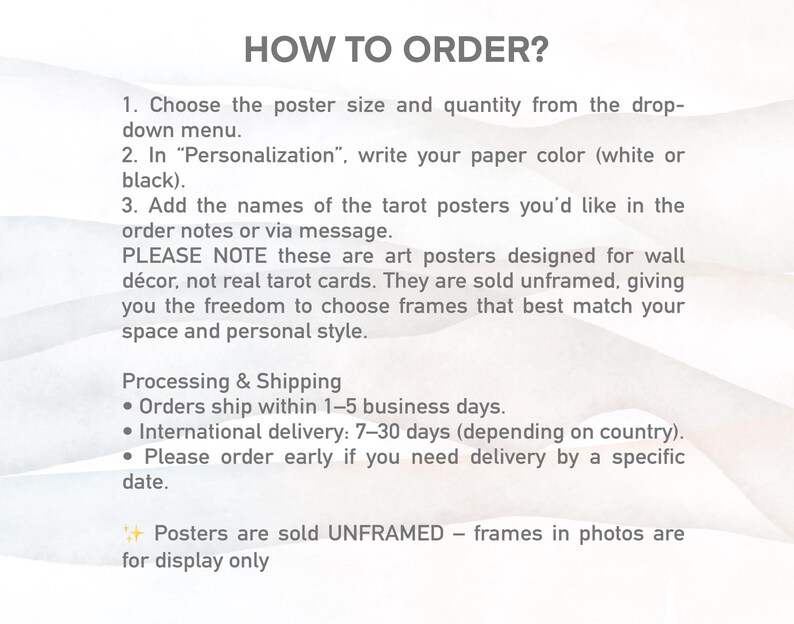 May include: Text on a white background reads "HOW TO ORDER?" followed by instructions for ordering art posters. The instructions include choosing size and quantity, specifying paper color, and adding poster names. The text also notes the posters are unframed.
