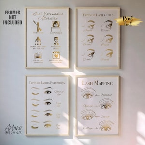 Könnte beinhalten: Vier druckbare Poster mit goldfarbenem Text und Illustrationen auf weißem Hintergrund. Die Poster sind für Wimpernverlängerungen und enthalten Informationen zur Wimpernpflege, zu den Arten von Wimpernlocken, zu den Arten von Wimpernverlängerungen und zur Wimpernkartierung.