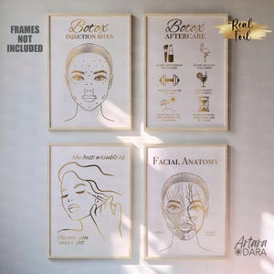 May include: Four printable posters with gold foil accents on a white background. The posters feature illustrations of a face with Botox injection sites, Botox aftercare instructions, a woman with the text "the best wrinkle is the one you never get", and a facial anatomy diagram.