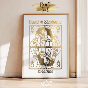König und Königin Porträt, Paar Porträt, Echter Foliendruck, Individuelle Familienkunst, Geburtstagsgeschenk, Herzkönigin, Spielkarte Poster