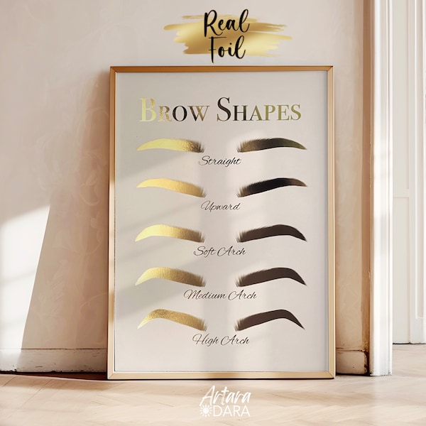 Brow Shapes Poster, Real Foil Print, Brow Salon Decor, Brow Tech Art, Eyebrow Menu Print, Golden Brow Art, Microblading Art, Eyebrow Art