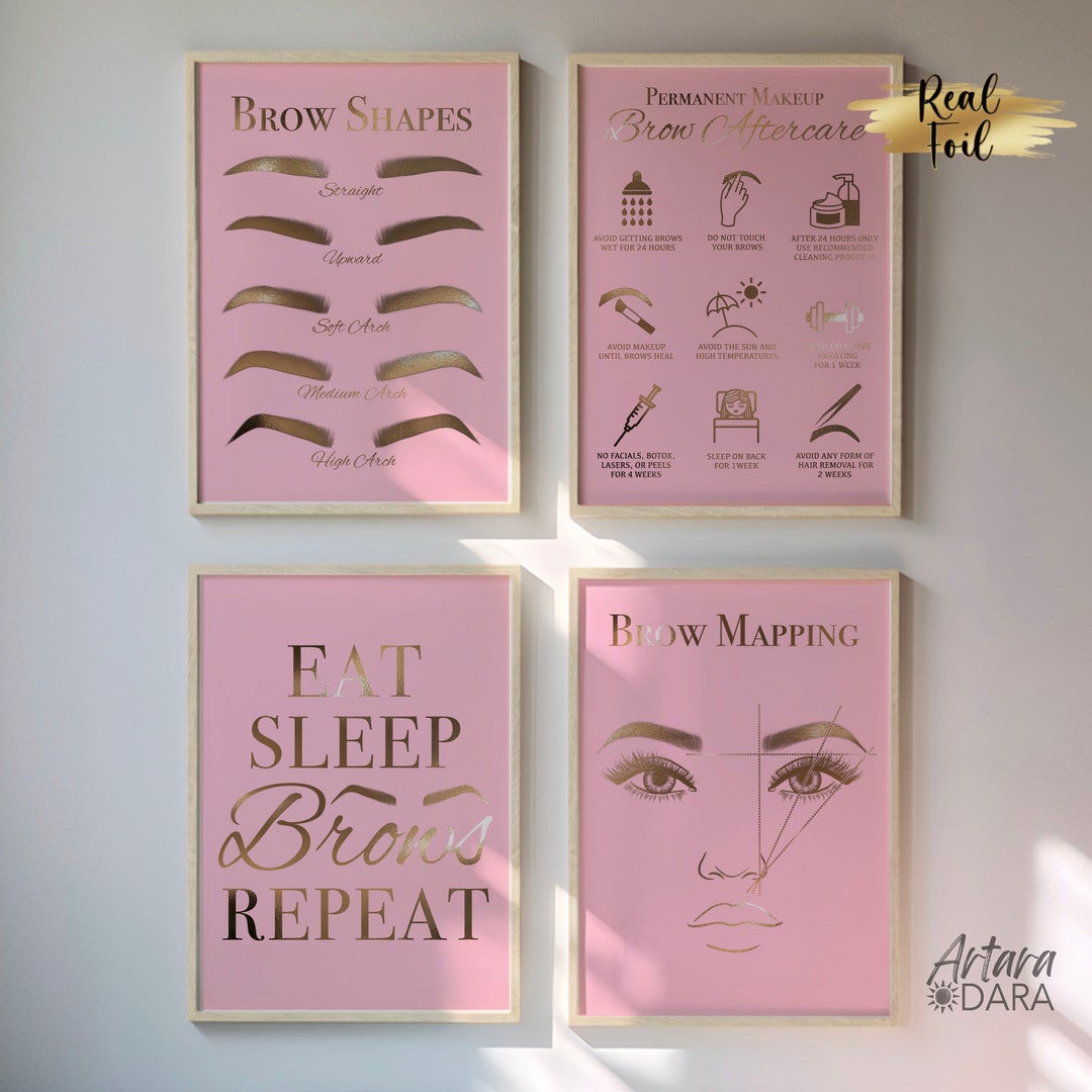 4 Pink Brow Art, Real Foil Print, Beauty Salon Decor, PMU Brow