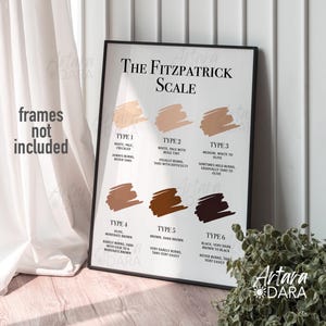 May include: A framed print of the Fitzpatrick Scale, a skin type chart. The chart displays six skin types with descriptions of how each type reacts to sun exposure. The text "frames not included" is visible on the left.
