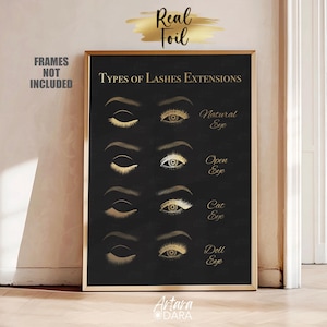 Könnte beinhalten: Ein schwarzes und goldenes druckbares Diagramm mit dem Titel "Types of Lashes Extensions". Das Diagramm zeigt fünf verschiedene Augenformen mit verschiedenen Wimpernstilen, darunter natürliche, offene, Katzen- und Puppenaugen.
