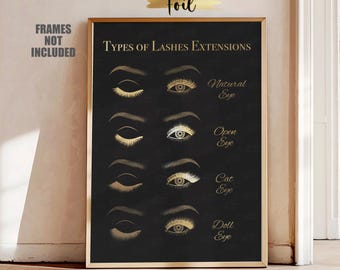 Real Gold Foil Eyelash Extension Types Poster, Salon Decor, Lash Artist Wall Art