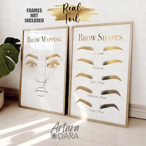 Pode incluir: Duas impressões emolduradas em dourado com texto preto. A impressão da esquerda mostra um diagrama de um rosto com linhas para o mapeamento das sobrancelhas. A impressão da direita mostra cinco formas diferentes de sobrancelhas com acentos de folha de ouro. O texto nas impressões diz "BROW MAPPING" e "BROW SHAPES".